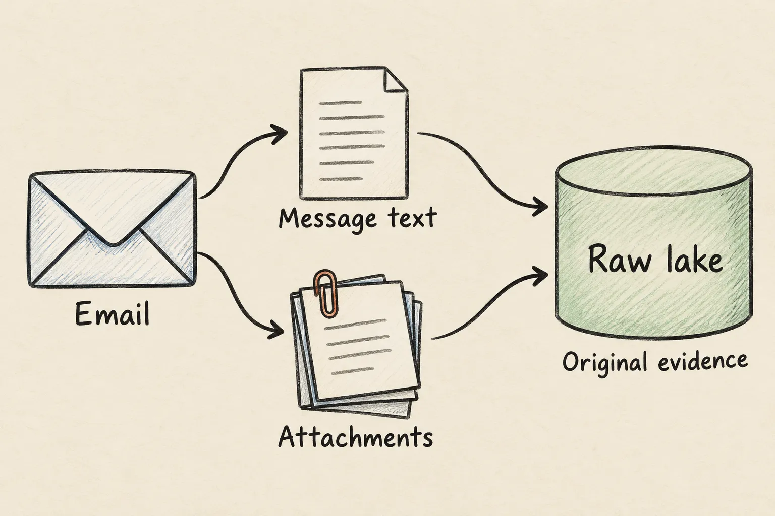 Email tách thành nội dung thư và file đính kèm, cùng được đưa vào raw data lake để giữ bằng chứng gốc
